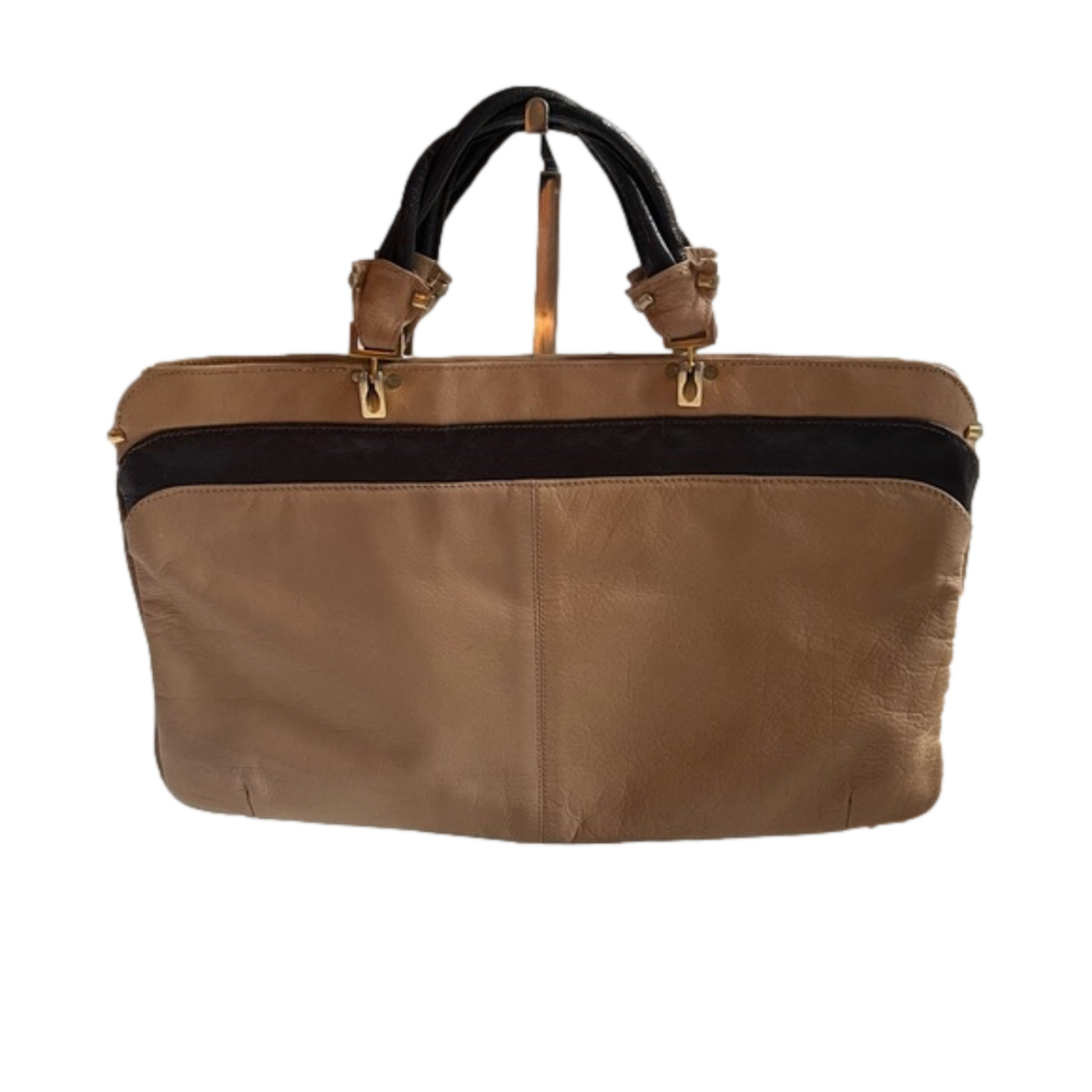 Leather Two-Tone Handbag Tan Brown Gold-Tone Brass Hardware Vintage Retro